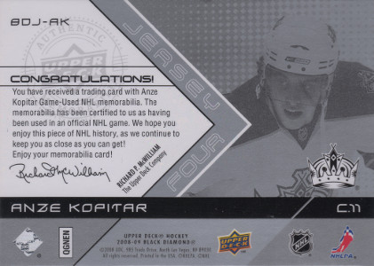 2008 09 upper deck black diamond hockey bdj ak anze kopitar back