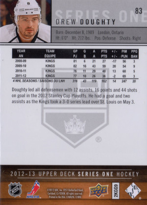 2012 13 upper deck series 1 hockey ud exclusives 83 drew doughty back