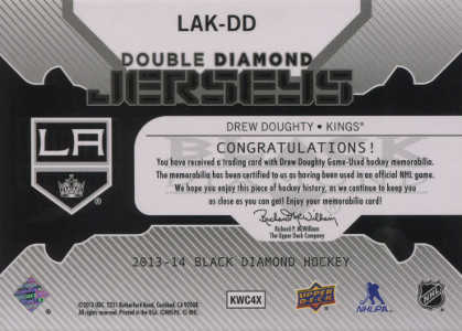 2013 14 upper deck black diamond hockey double jerseys lak dd drew doughty back