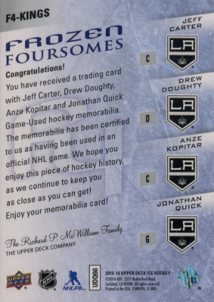 2015 16 upper deck ice hockey frozen foursomes f4 kings jeff carter drew doughty anze kopitar jonathan quick back