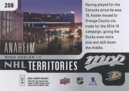 2015 16 upper deck mvp hockey nhl territory 208 ryan kesler back