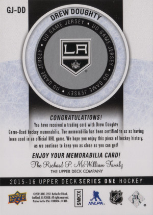 2015 16 upper deck series 1 hockey gj dd ud game jersey drew doughty back