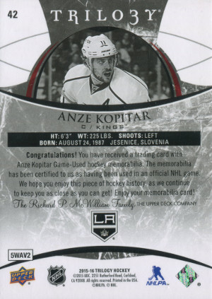 2015 16 upper deck trilogy rainbow foil 42 anze kopitar back