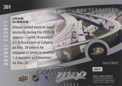 2016 17 upper deck mvp hockey nhl territory 301 john gibson back