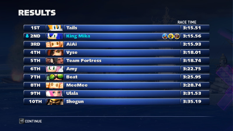 sonic and all stars racing transformed lost match by a fraction of a second