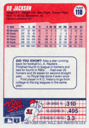 1990 fleer baseball 110 bo jackson back