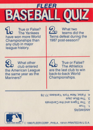 1990 fleer baseball fleer action series mnos back