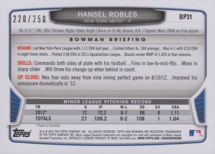 2013-bowman-baseball-orange-bordered-bp31-hansel-robles-back