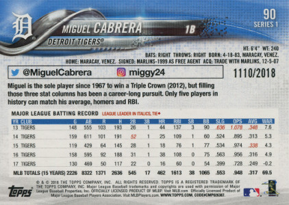 2018 topps series 1 baseball gold 90 miguel cabrera back