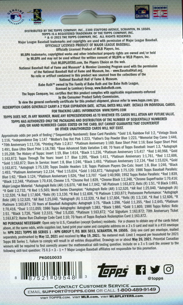 2021 topps series 1 baseball retail hanger box back